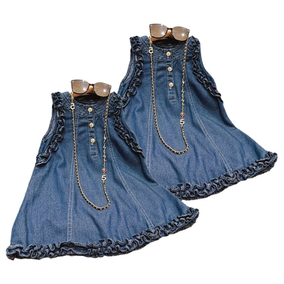 LYMAYTER ‌‌‌‌‌Toddler Little Girls Summer Denim Dress Loose Fit Pleated Hem - Casual Kids Dress 2-8Y