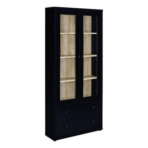 Pemberly Row 4-Shelf Glass Door Tall Wood Cabinet with Drawers in Black