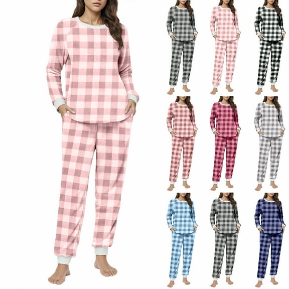 Mifsaly Womens Pajama Set Plaid Fuzzy Fleece Warm Pjs 2 Piece Long Sleeve Crewneck Thermal Sleepwear High Waist Cozy Pants with Pockets Lounge Matching Outfits Winter Homewear