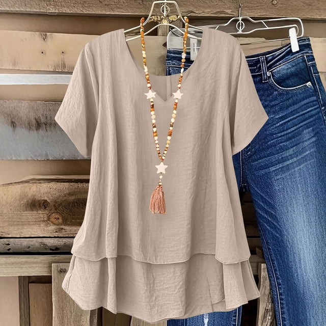 TaTaai Casual Linen Cotton Women Top Double Layer Solid Color Crew Neck Short Sleeve Loose Fit Breathable Soft Daily Lounge Street Summer Wear Blouse Gift