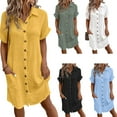 thumbnail image 6 of Breathable Short Sleeve Lapel Neck Cotton Dress Women Casual Loose Beachwear with Pockets, 6 of 9