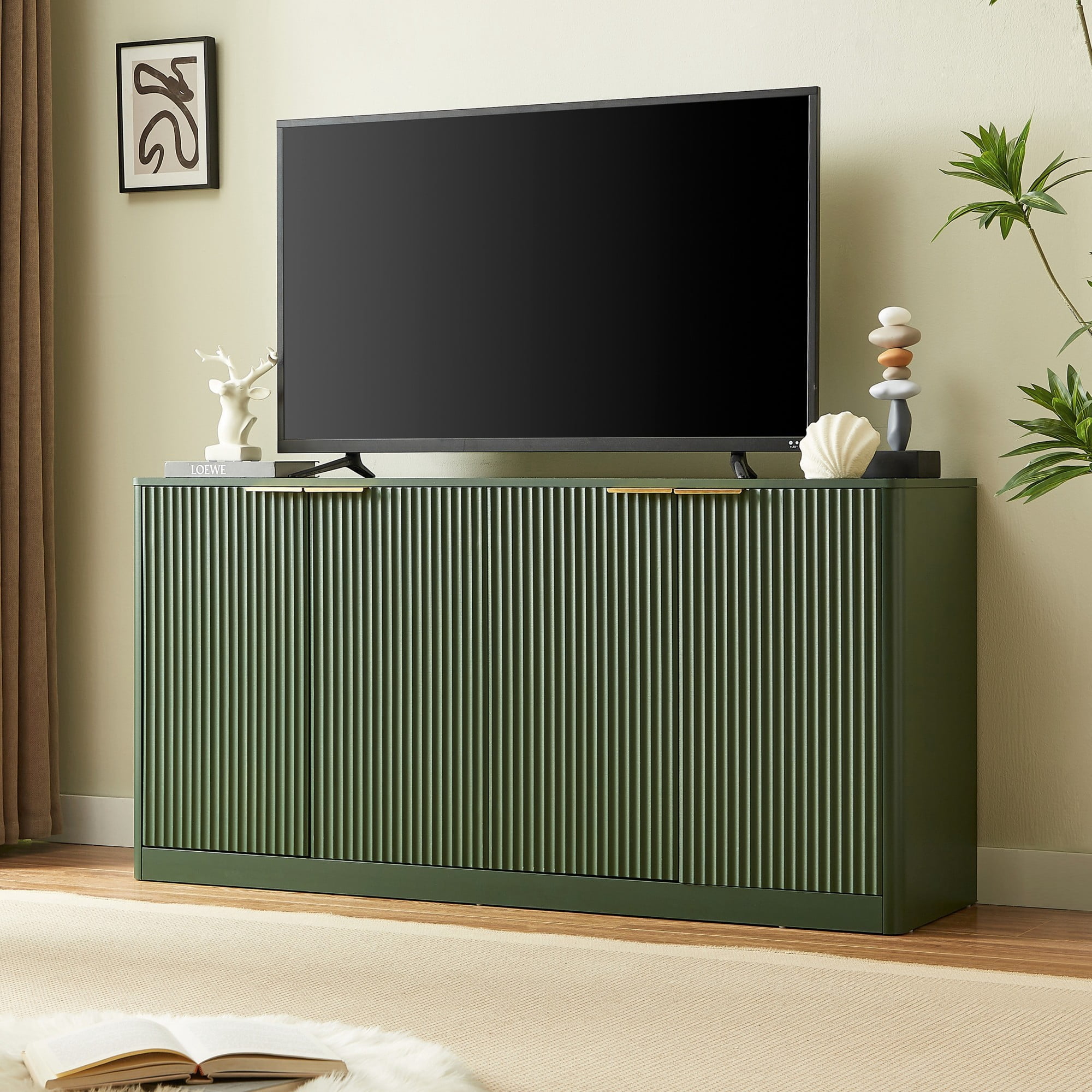 59" Modern Wavy Sideboard Cabinet, Curved 4-Door Storage Cabinet, TV Stand Buffet Cabinet for Living Room Bedroom Kitchen, Green