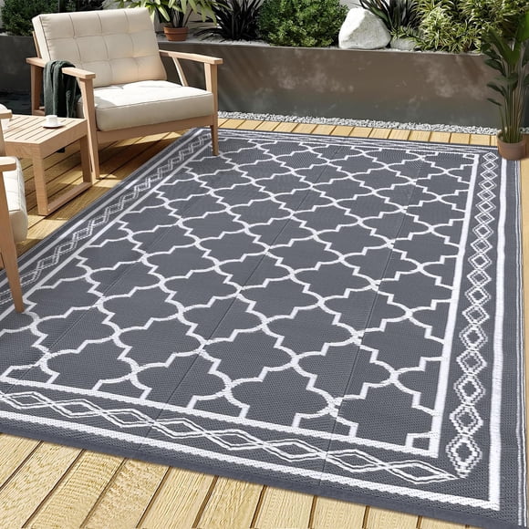 Alfombra de exterior Garvee, 203 x 254 cm, impermeable, reversible, gris