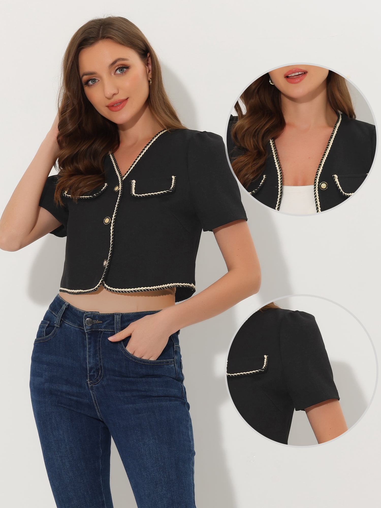 DARING DIVA Women's Contrast Trim Jacket Single Breasted Blazer XL Black