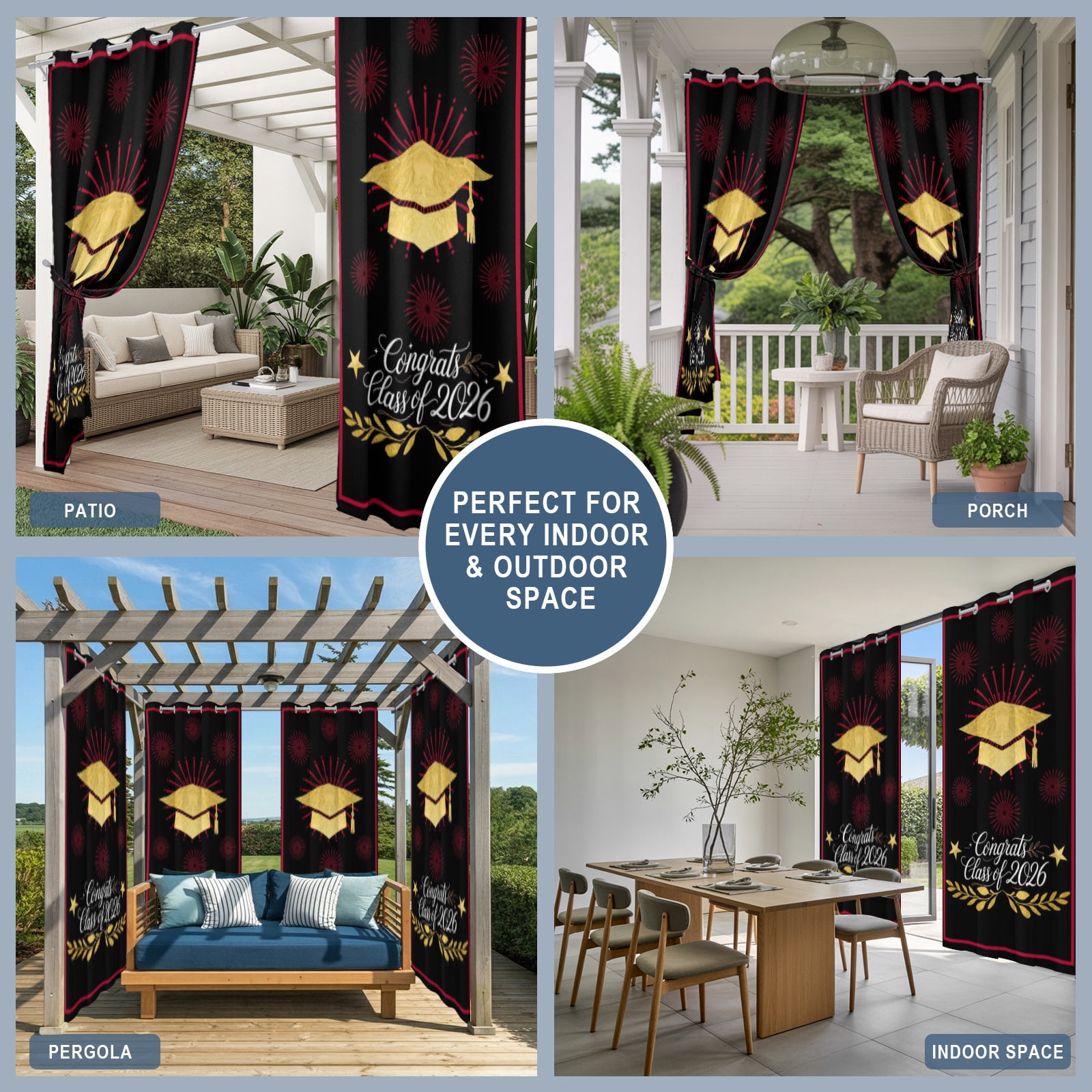 Gold Graduation Cap Outdoor Curtains for Patio, Class of 2026 Black Academic Modern Sunshade Privacy Drapes Grommet Waterproof Outside Curtains for Porch/Cabana/Balcony 54"x 108", 2 Panel