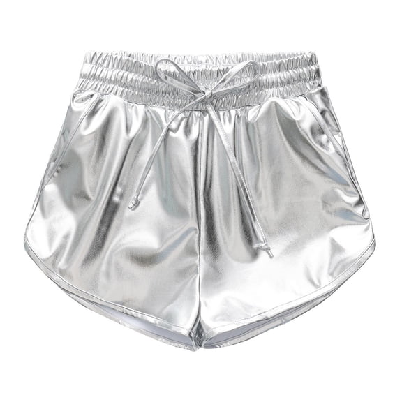 LIJCC Girls Metallic Shorts Shiny Dance Shorts Sparkly Elastic Waist Hot Pants Party Costumes Shorts Athletic Shorts(Silver,11-12 Years)