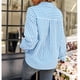 thumbnail image 4 of Blusa a rayas con botones y bolsillo con cuello en V y manga larga para mujer para uso diario Azul M, 4 of 6