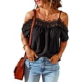 thumbnail image 1 of Tops de verano con hombros descubiertos para mujer, camisa elegante de manga corta con encaje de Color sólido, blusa para citas, negro, XXL, 1 of 6