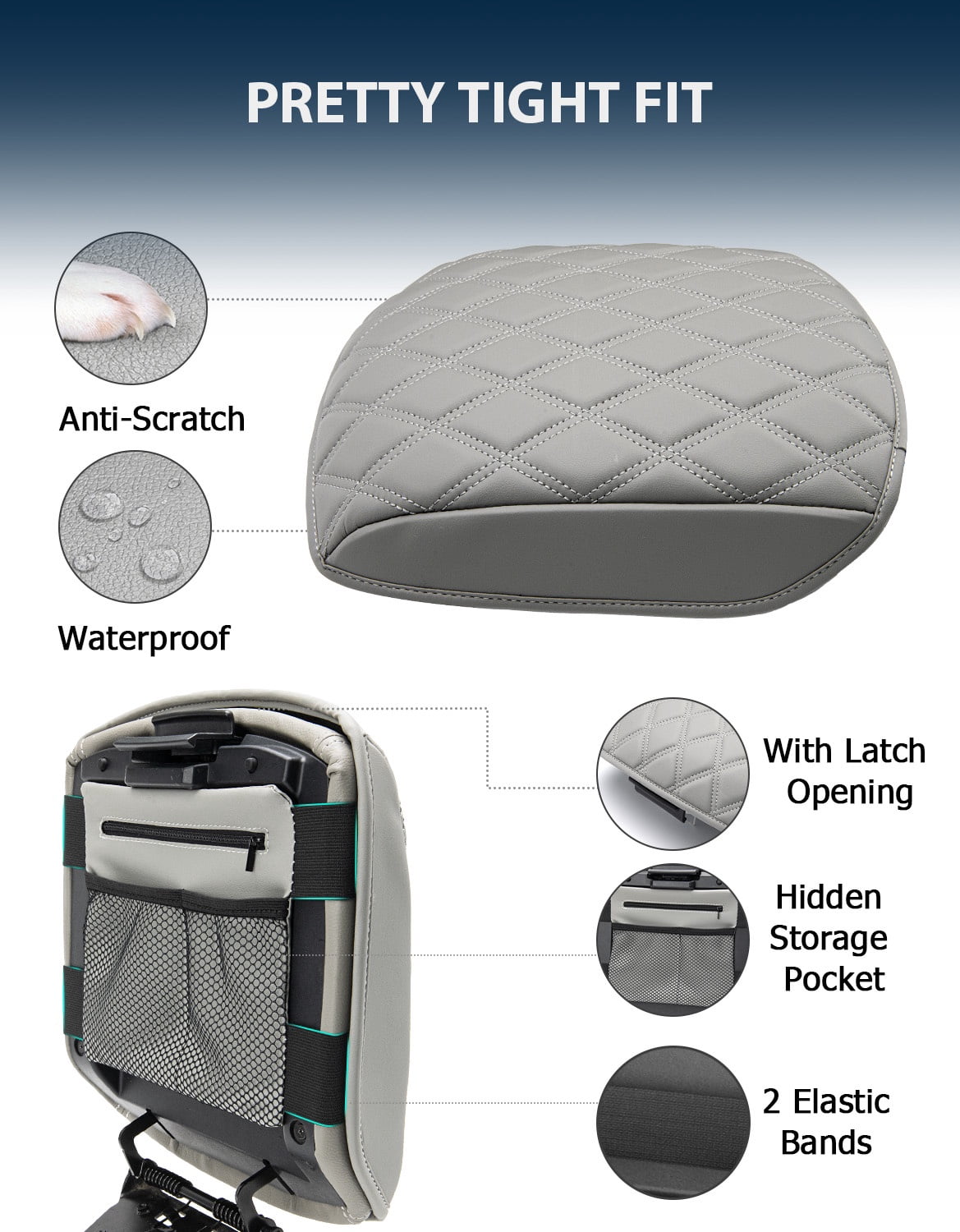 KBH Center Console Cover for Honda Pilot Accessories 2009-2015, Leather Middle Console Lid Armrest Cover for Car Interior, Gray