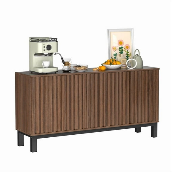 63" Sideboard Buffet Cabinet, Fluted 4-Door Credenza Storage Cabinet with Adjustable Shelves for Kitchen, Living Room, Hallway, Walnut