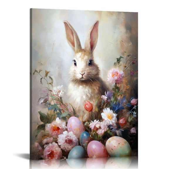 Vintage Easter Bunny Eggs Print Wall Art, Lovely Rabbit Picture Posters Wrapped Canvas Wall Decor Artwork Painting for Bedroom, Living Room,Bathroom, Office Classic Home Decor Easter Gifts