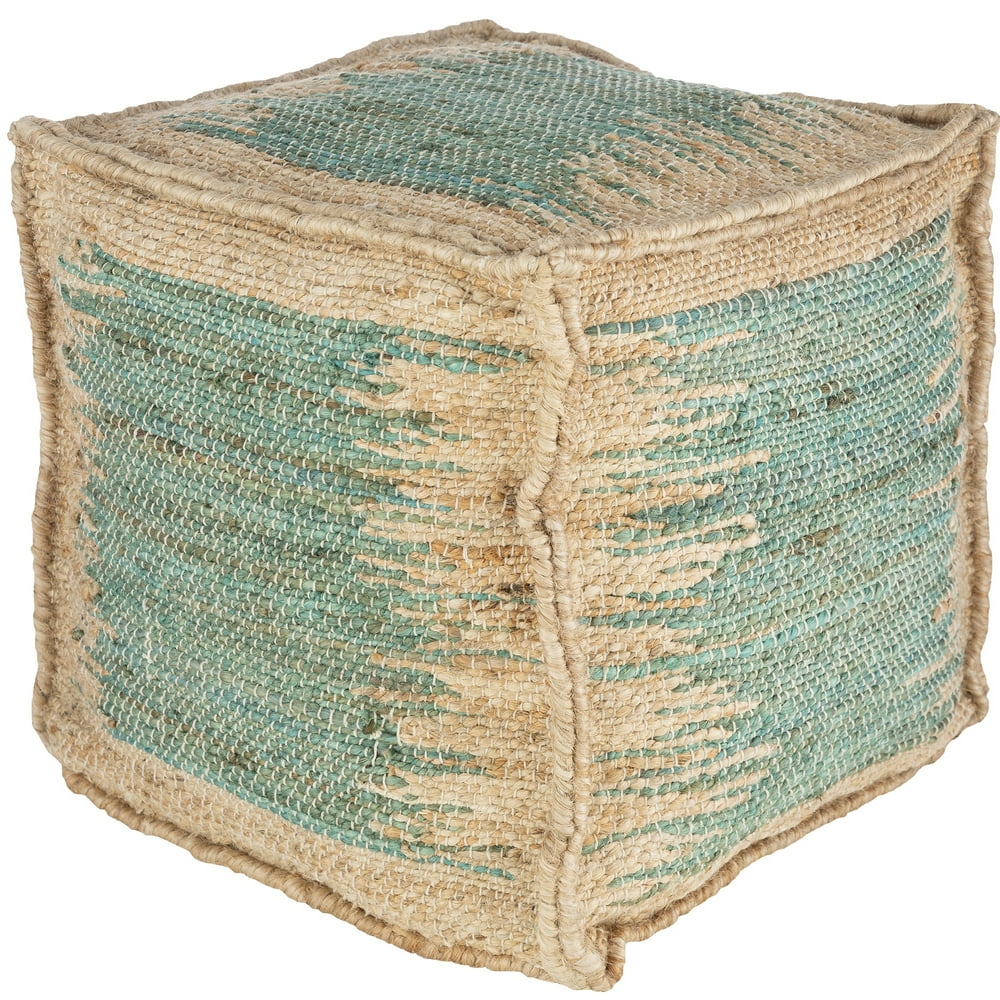 16" Distressed Design Teal Blue and Brown Jute Square Pouf Ottoman