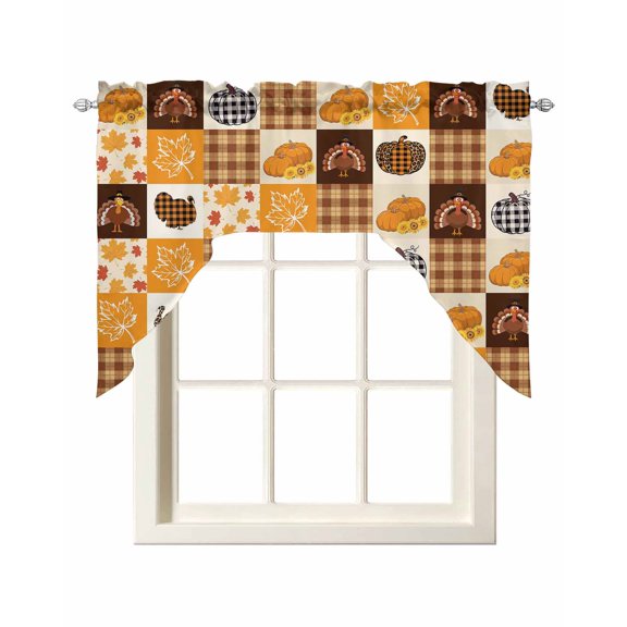 Orange Plaid Fall Kitchen Swag Valances for Windows, Thanksgiving Pumpkins Maple Leaf Turkey Swag Valances Curtains for Living Room, Rod Pocket Window Treatments for Bathroom, Bedroom, Cafe, 56"x36"