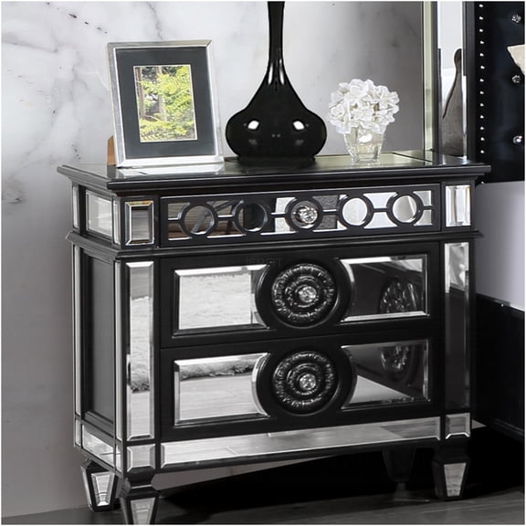 JERFIT Modern Glam Nightstand with Mirrored Finish, 2 Drawers, Black and Silver Wooden Bedside Table for Luxury Bedroom
