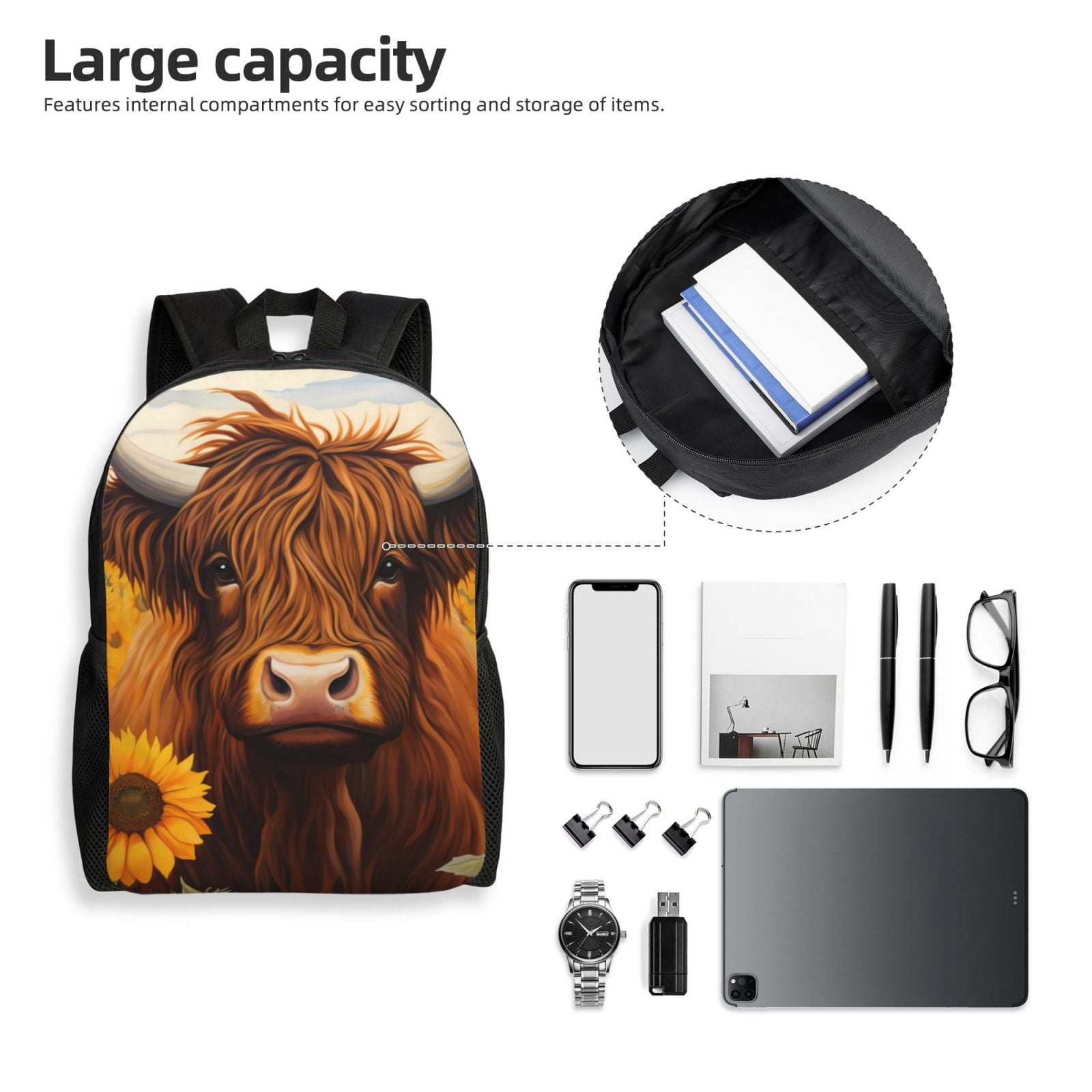 Xecao Countryside Sunflower Cow Print School Backpack with Laptop Compartment Small Travel Laptop Backpack for Women Men Waterproof College Backpack Simple School Bag