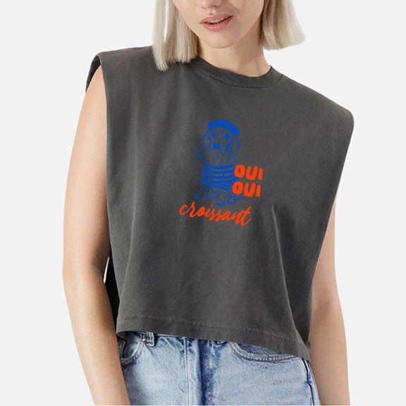 EcoLoom Sketch Paris Oui Croissant Cap Sleeve Muscle Crop Shirt Women Sleeveless Baby Tee