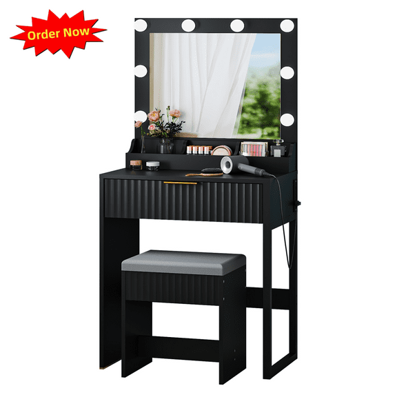 Tcbosik Makeup Vanity Desk with Lighted Mirror and Charging Station, 27 inch Modern Dressing Table with Cushioned Stool and Storage Drawer for Bedroom, Black