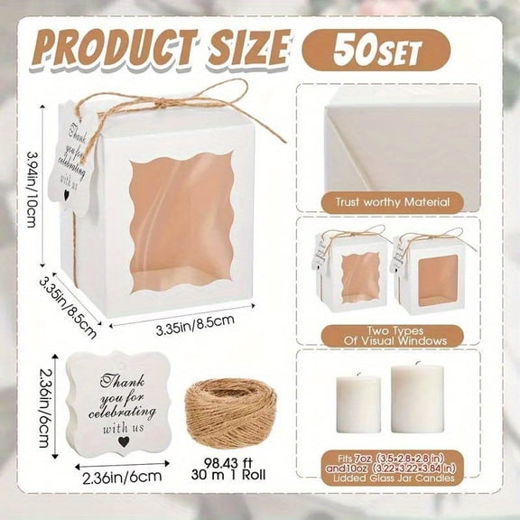 [Clear Candle Gift Box] 50Pcs Candle Boxes, Clear Boxes For Gifts, White Paper Gift Boxes With Twine And Thank You Tags, 3.35X3.35X3.94 Inch, Simple Style For Birthday, Wedding, Celebration, Party