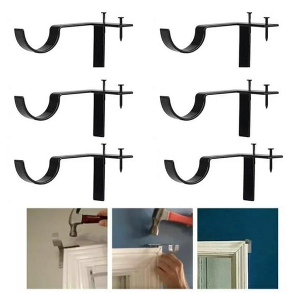 6-Pack Single Curtain Rod Brackets - Heavy-Duty Metal Holders for Window Frames. No Drill Needed, Hammer-In Installation!