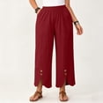 thumbnail image 6 of Thousandth Women's Cotton Linen Pants Casual Summer Elastic Waist Wide Leg Loose Fit Palazzo Pants Cropped Trousers with Button Decor and Slit Hem Daily Wear, 6 of 7