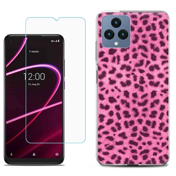 Slim-Fit Gel TPU Fashion Phone Case for T-Mobile Revvl 6 5G, with Tempered Glass Screen Protector, by OneToughShield ® - Cheetah Pink