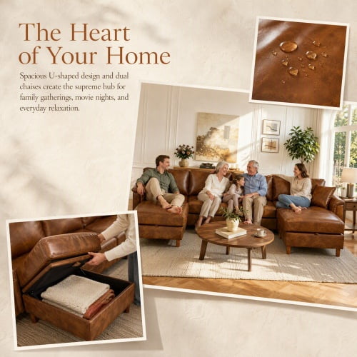 120" U-Shaped Sectional Sofa with 2 Removable Storage Ottomans, Faux Leather Couch, Breathable PU Leather, Solid Wood Frame, Vintage Brown