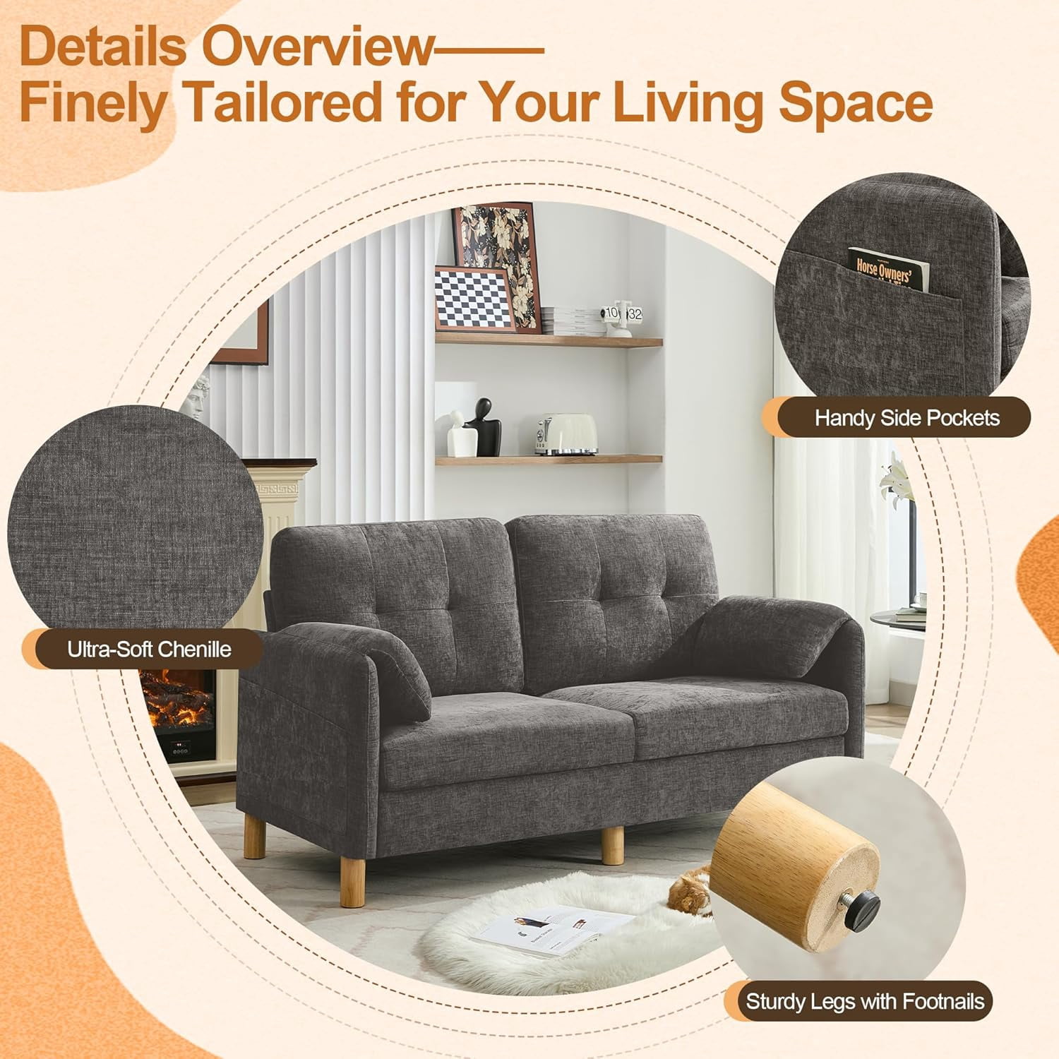 65" Chenille Loveseat Sofa, Modern 2-Seater Love Seat Couch with Armrest Pillows,Upholstered Tufted Loveseat Couches for Living Room Bedroom, Light Grey