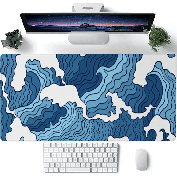 Blue Wave Pattern Mouse Pad - Durable Non - Slip Desk Mat, Extra - Large Soft & Comfortable Mouse Pad - Ergonomic Stitched Desk Mat Ideal for Esports & Office Use