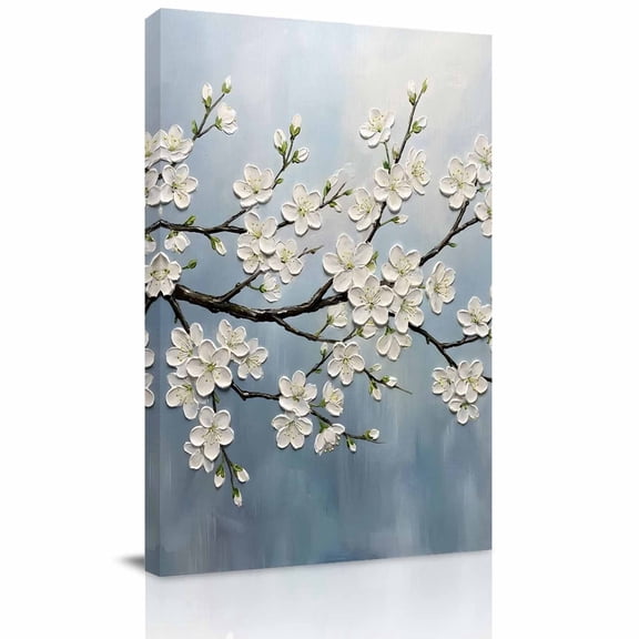 Canvas Wall Art White Cherry Blossoms Canvas Art Print Floral Branch Oil Strokes Rustic Pictures Wall Decor for Living Room Bedroom Artwork Decorations Stretched Framed Ready to Hang 20"x24"