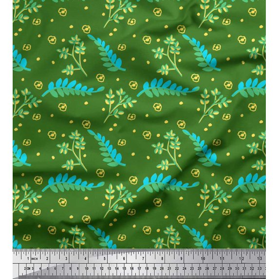Soimoi Green Crepe Silk Fabric Dot & Leaves Fabric Prints By Yard 42 Inch Wide