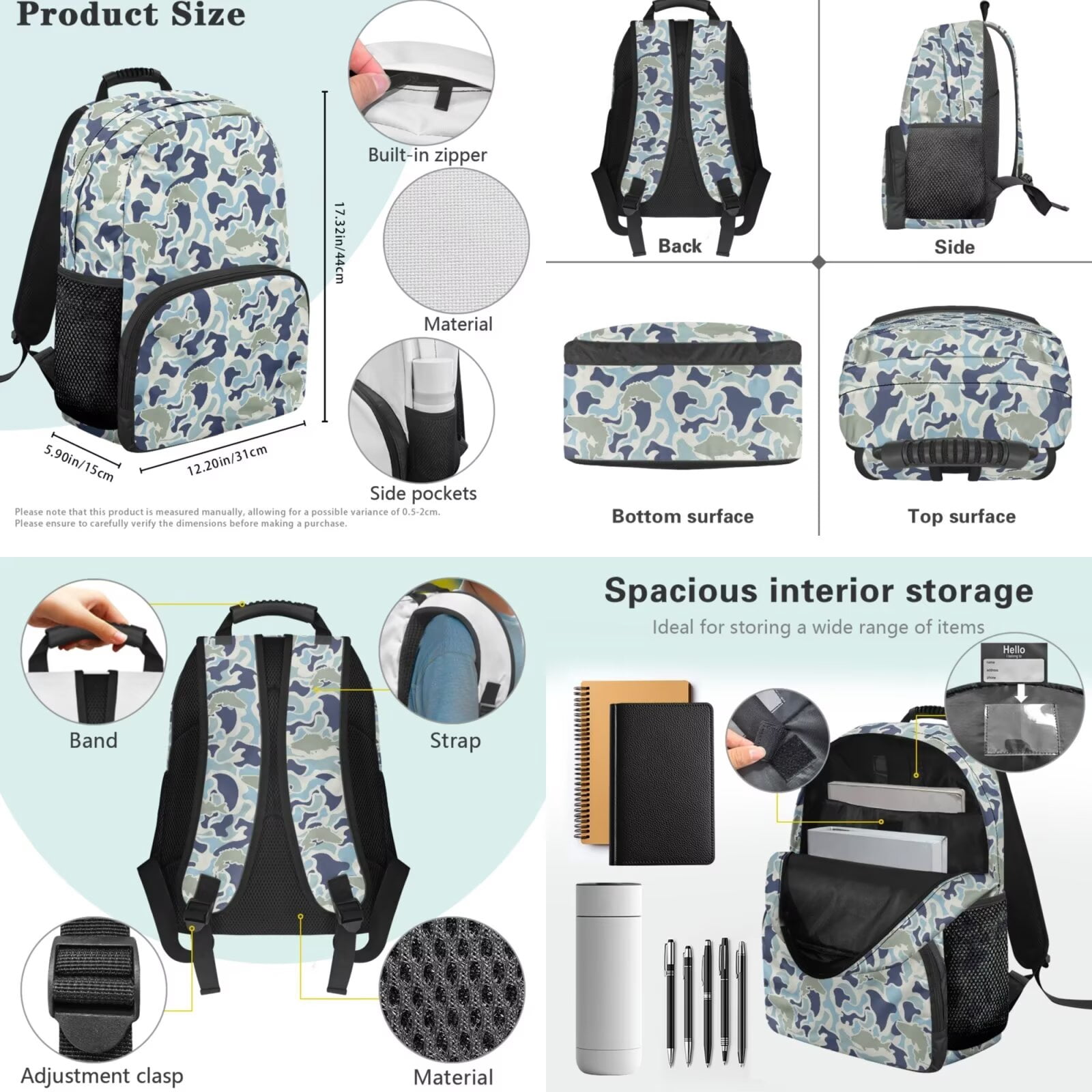 Pzuqiu Fish Camo Kids Backpack for School Girls 4 pcs Backpacks for Teens Backpack with Lunch Bag Pencil Case Water Bottle Holder Bookbags with Adjustable Shoulder Strap Daypack