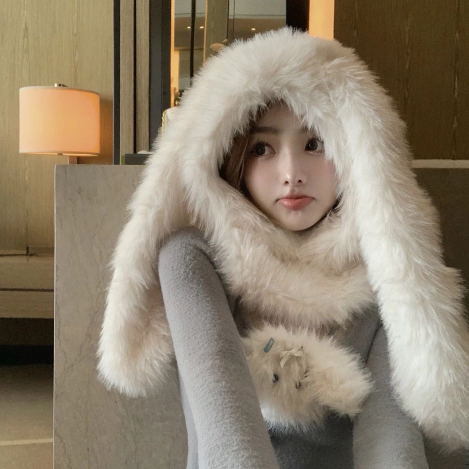 Furry Plush Neck Scarf Hat Soft Headcover Cap Teens Girls Rabbits Ear Bonnet Cap