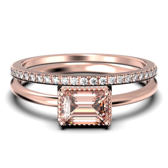 Minimalist 1.50 Carat Emerald Cut Morganite And Diamond Moissanite Engagement Ring, Wedding Ring in 925 Sterling Silver With 18k Rose Gold Plating, Promise Ring, Anniversary Ring, Bridal Rings Set