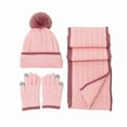 thumbnail image 3 of Kids Winter Hat Scarf Gloves 3-Piece Set, Striped Edge Color Block Beanie with PomPom, Fleece Lined Knit Mittens and Neck Warmer, Warm Toddler Accessories for Boys and Girls Ages 2-8 Years Old Pink, 3 of 7