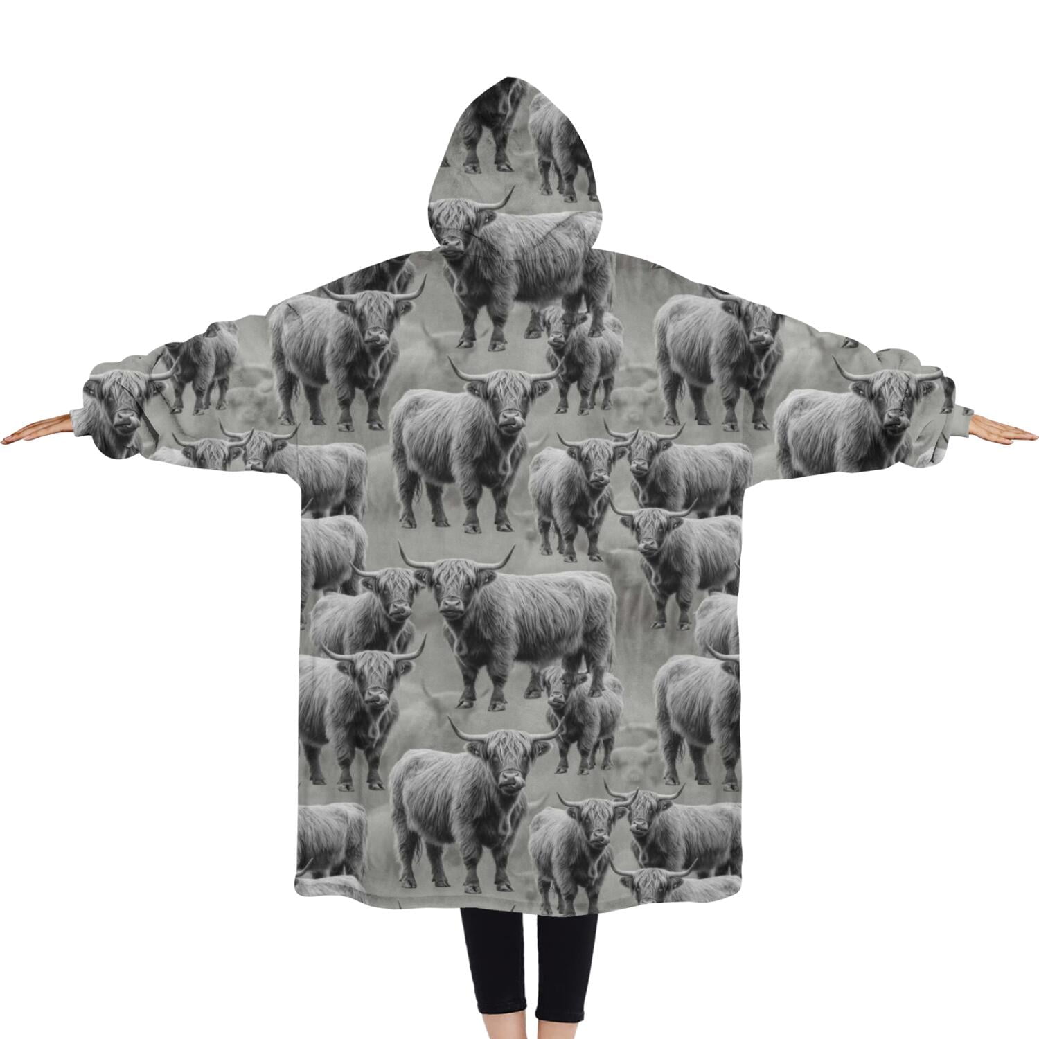 Oversized Wearable Blanket Hoodie,Gray Highland Cow Group Pattern Sherpa Blanket Hoodie with Super Pockets,Super Warm Fuzzy Pullover for Women & Men