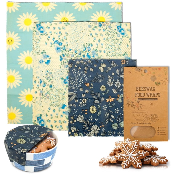 Organic Reusable Food Wraps, Washable Flower Print, 3 Count, S/M/L