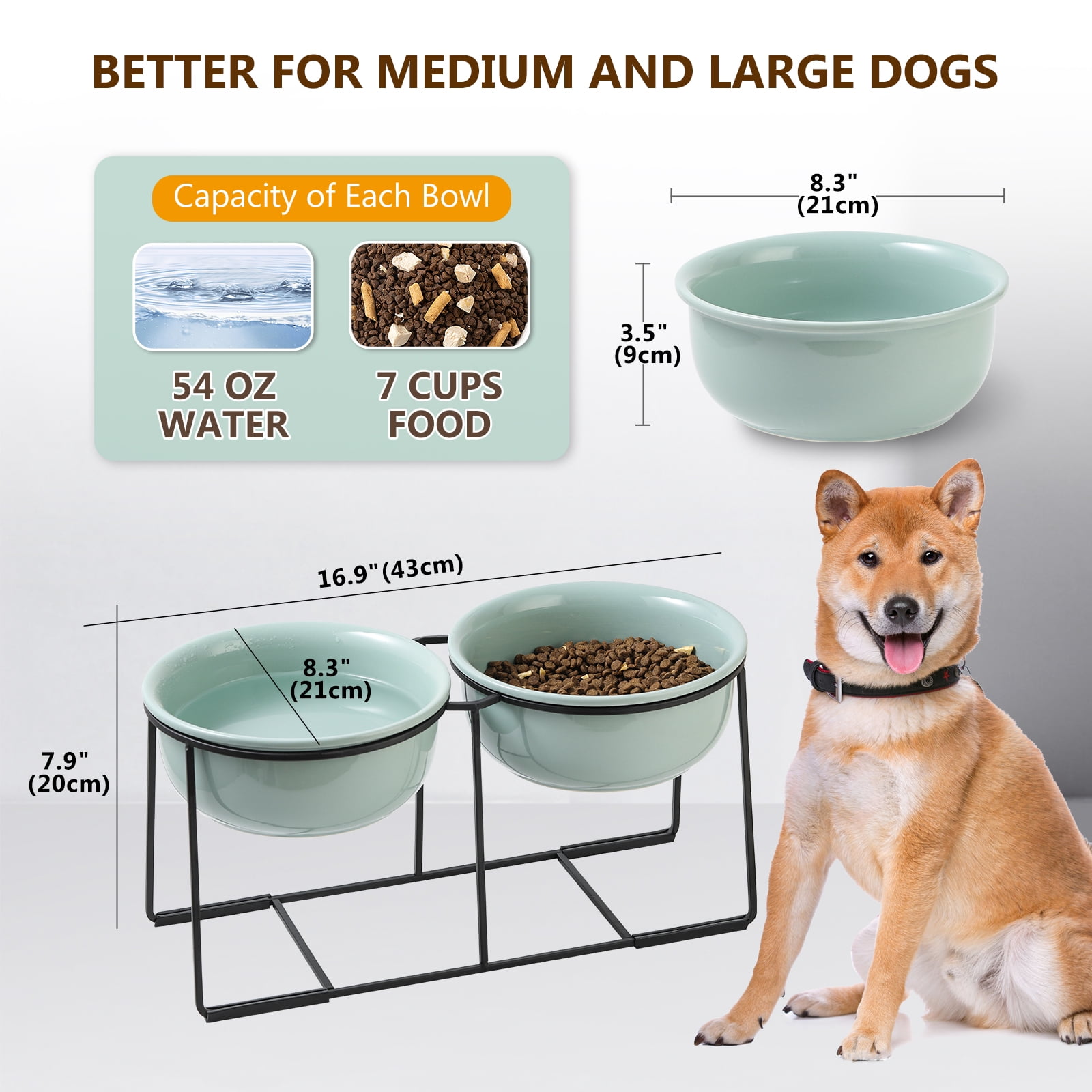 Raised Dog Food and Water Bowl with Non Slip Stand - Ceramic Pet Dishes for Medium to Big Dogs - 2 x 1600 ml
