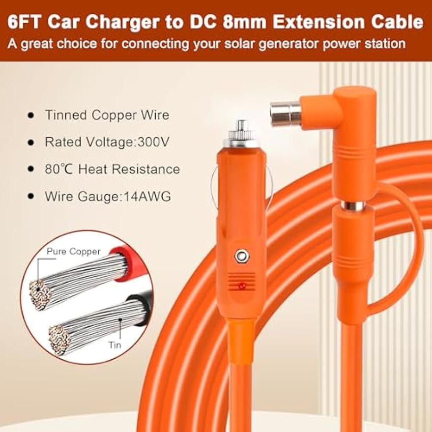 CoolStuff 14AWG Car Cigarette Lighter Charger Cable 6FT,12V/24V DC 8mm Car Charging Cable 15A with DC7909/8020 Plug Compatible with Jackery,BLUETTI,Anker,GRECELL,Goal Zero Yeti Portable Power Station
