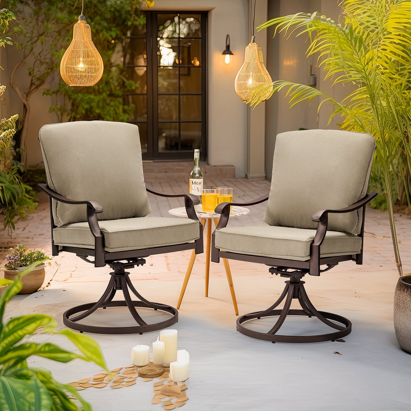 MELLCOM Patio Swivel Chair Set of 2, Heavy Duty Outdoor Dining Chairs with Thickened Cushions, Metal Patio Chairs Gentle Rocker for Outside, Garden Lawn & Porch, Backyard, Khaki