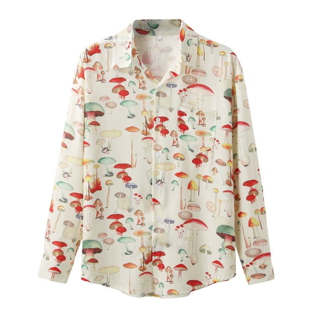 Camisas Casuales Para Hombre Camisa de manga larga de otoño e invierno para hombre Camisa con bolsillo con solapa y estampado de pecho (Beige, XXL)