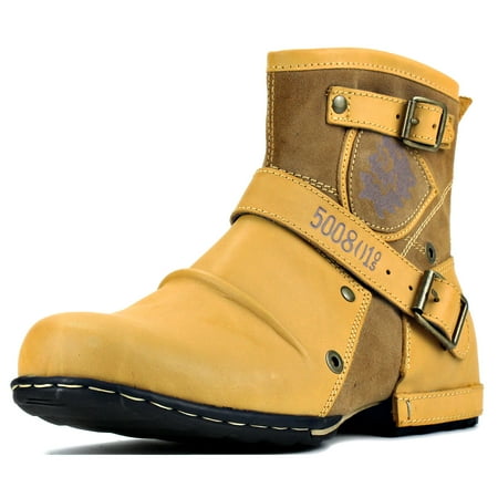 

OSSTONE Moto Boots Chukka Bootsfor Men Fashion Zipper-up Leather Casual Shoes 5008-1-Camouflage Yellow-9