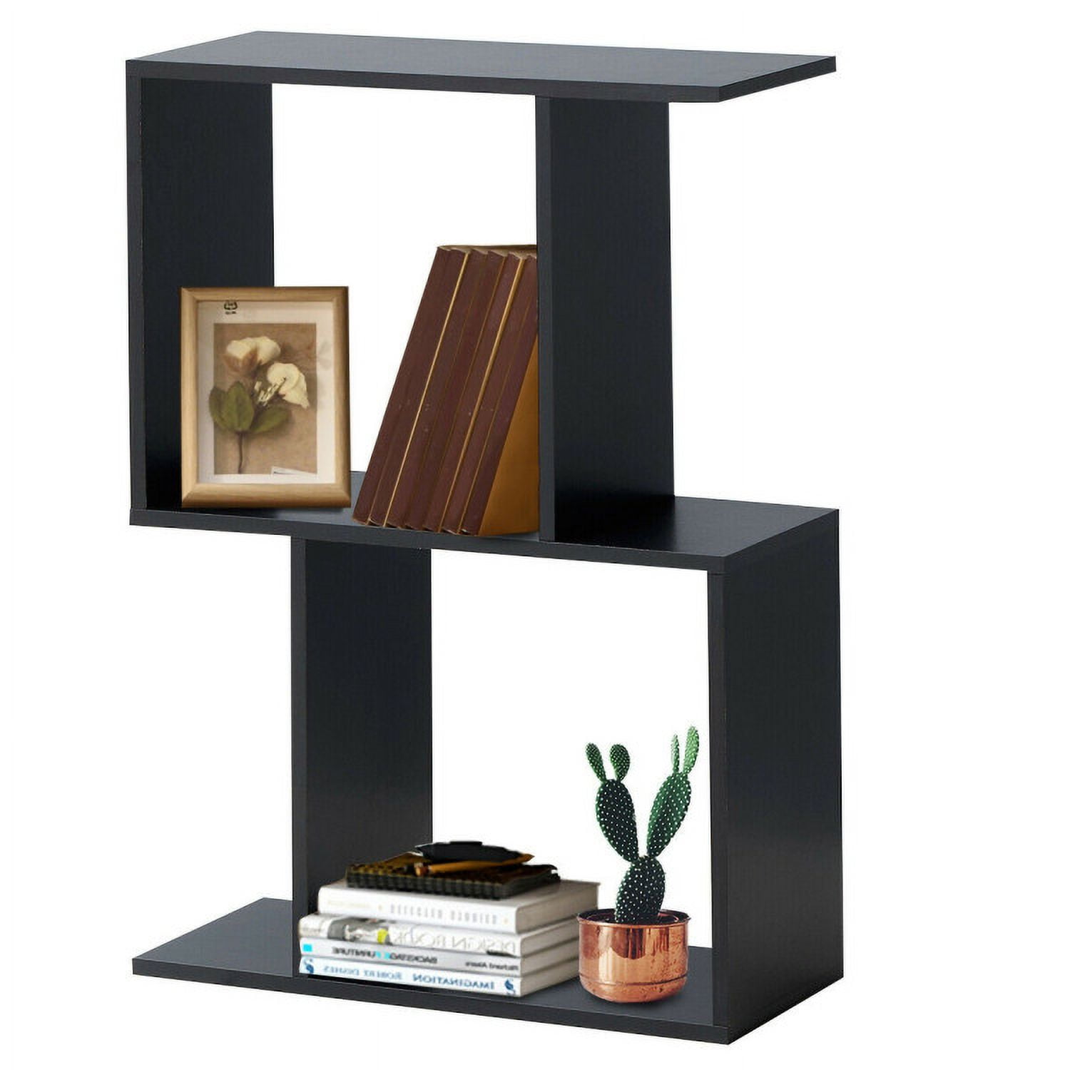 Demi Bonn 2 Tiers Wooden S-Shaped Bookcase for Living Room Bedroom Office, Freestanding Display Rack Bookshelf, Black