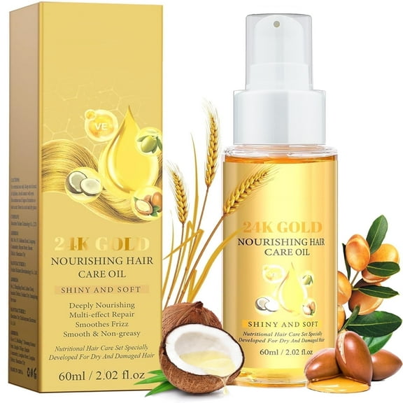 24K Gold Nourishing Hair Care Oil, Frizz Control Hair Serum with Argan, Coconut,Olive Oil and Vitamin E 2.02 fl oz/60ml