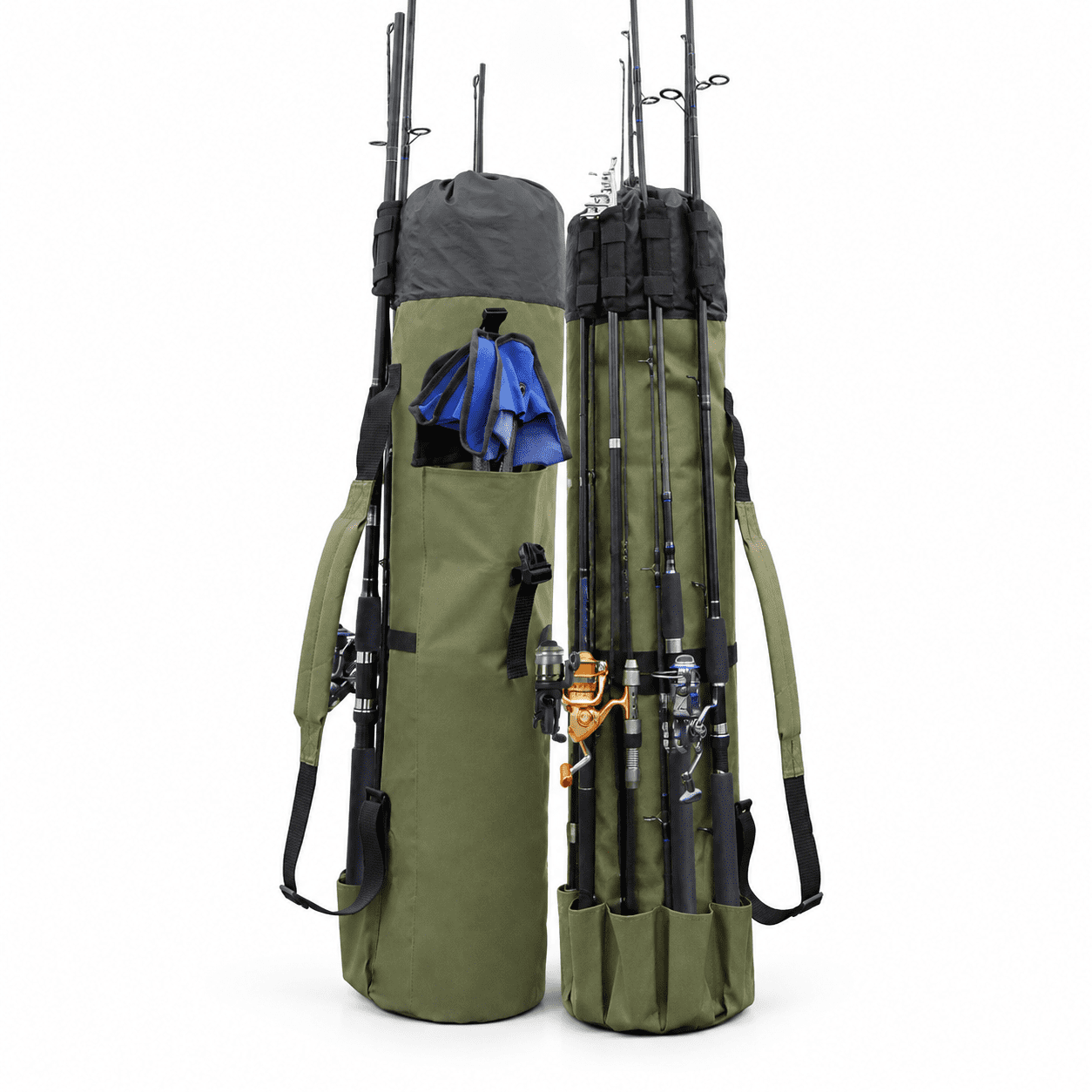 Khaki Green Durable Canvas Fishing Rod & Reel Organizer Travel Carry Case
