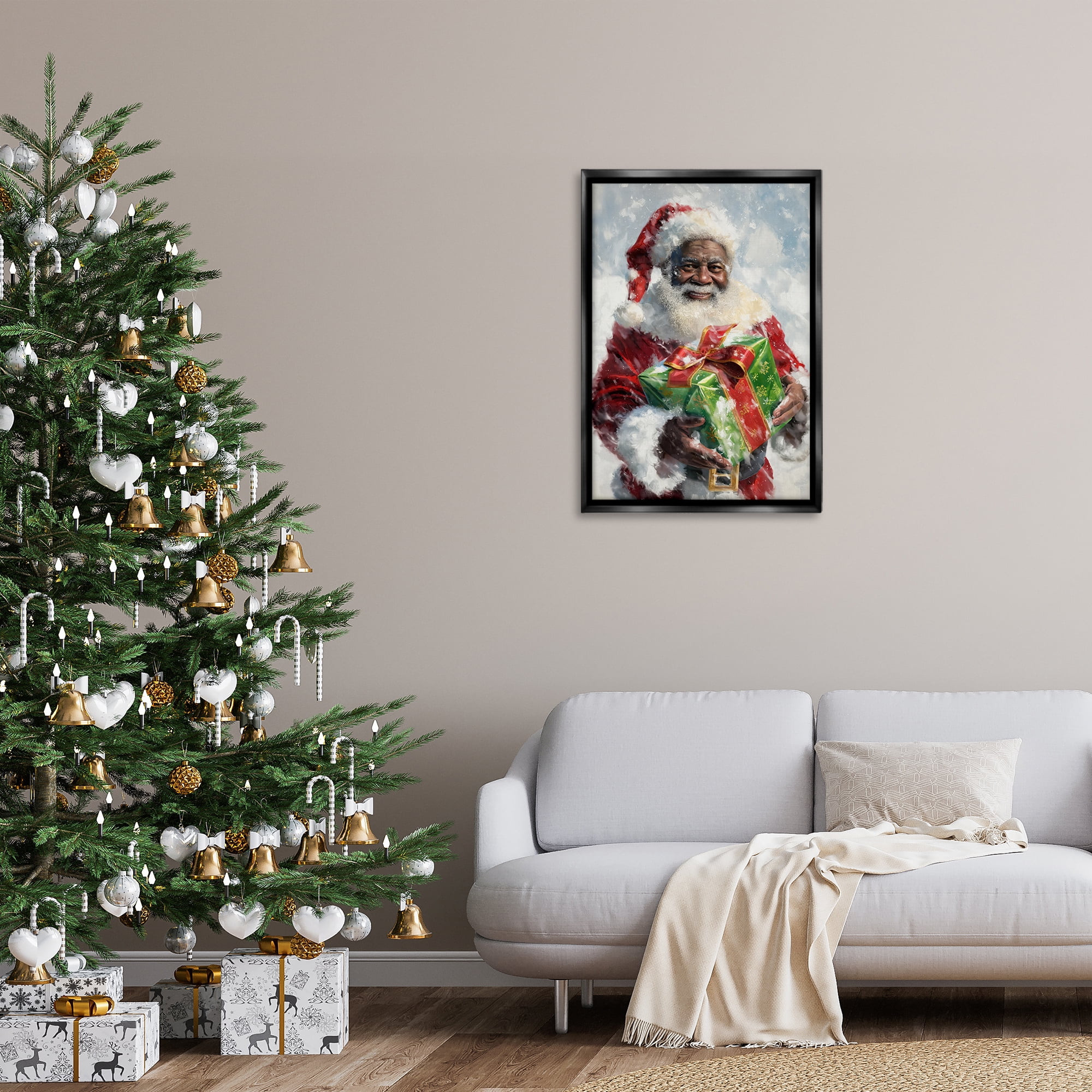 Stupell Industries Santa Claus & Gift Holiday Painting Black Floater Framed Art Print Wall Art, 21 x 31