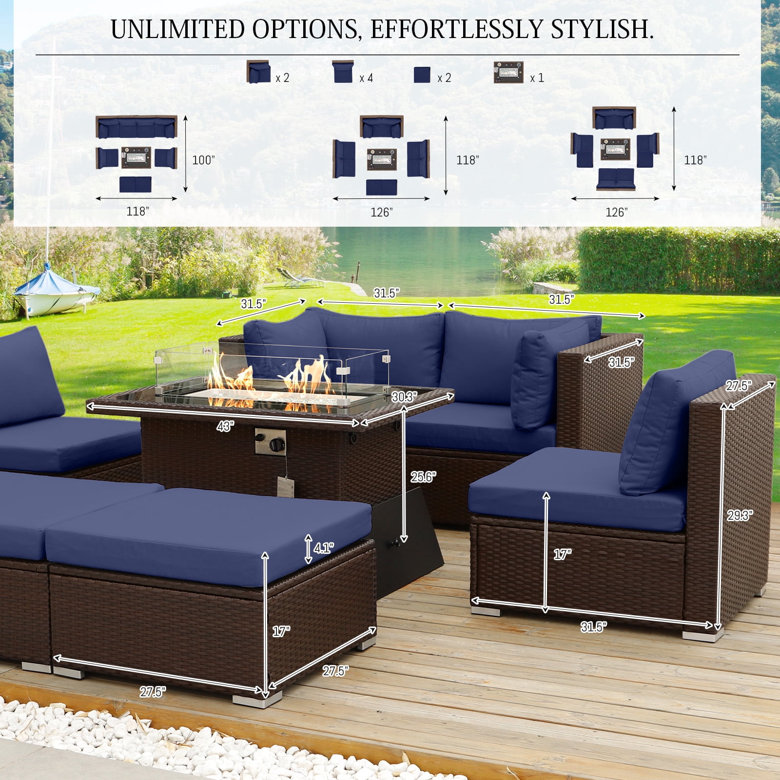 RADIATA 9 Pcs Outdoor Wicker Furniture with Fire Pit Table Espresso/Navy