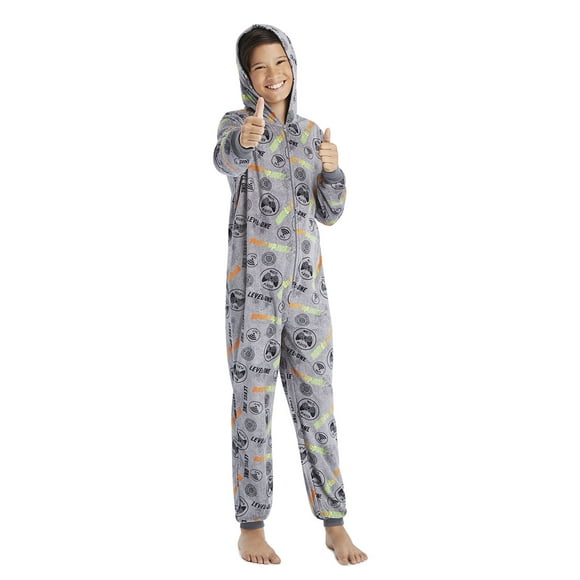 Pyjama Garçon Gamer Gris, Velours Doux et Confortable avec Capuche