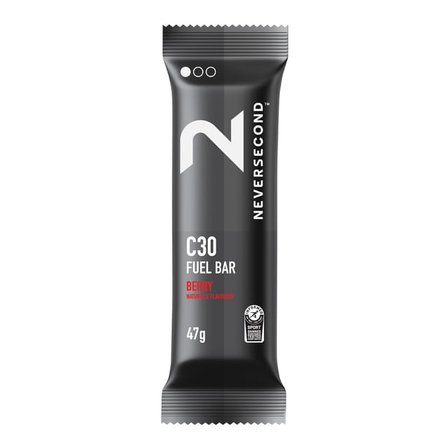 neversecond c30 fuel bar barra energética de 12 unidades (pack) — envoltura negra frontal con gran logo blanco 'N' y texto vertical NEVERSECOND, texto C30 FUEL BAR, sabor bayas (berry) y peso 47 g, vista frontal sobre fondo blanco; adecuada para triatlón, ciclismo y carreras de resistencia como fuente rápida de carbohidratos.
