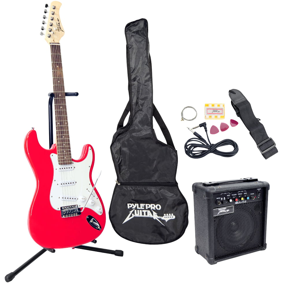 Full-Size Electric Bass Guitar Starter Beginner Pack with Amp Case Strap Red Package 