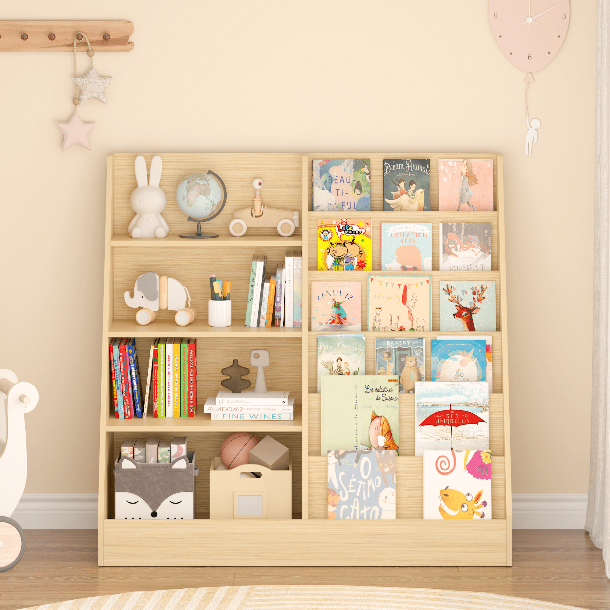 Kids Furniture Kids Bookshelf and Toy Storage Organizer, Multifunctional 4 Tier Wooden Kids Book Shelf with Bookcase Display Stand in Kids Room Playroom Nursery for Kids, Children, Toddlers (Natural)